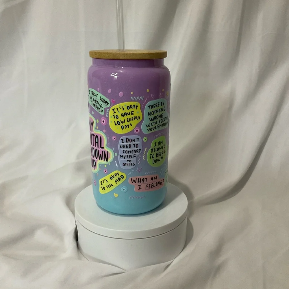 16 Ounce Handmade Shimmer Purple/Blue Glass Can Cup My Mental Breakdown Cup - Picture 6 of 6